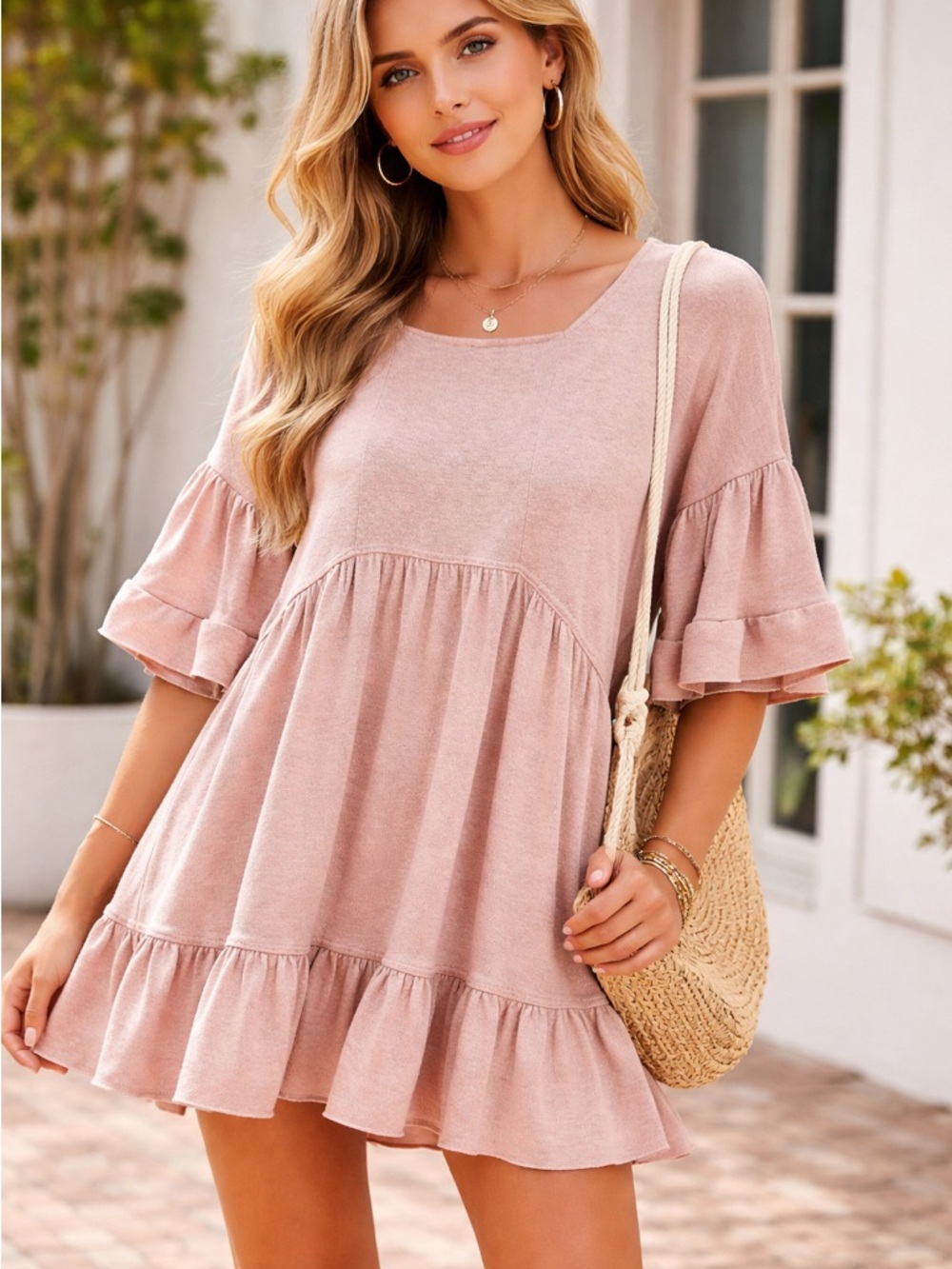 Easel Blush Pink Ruffled Swing Mini Dress